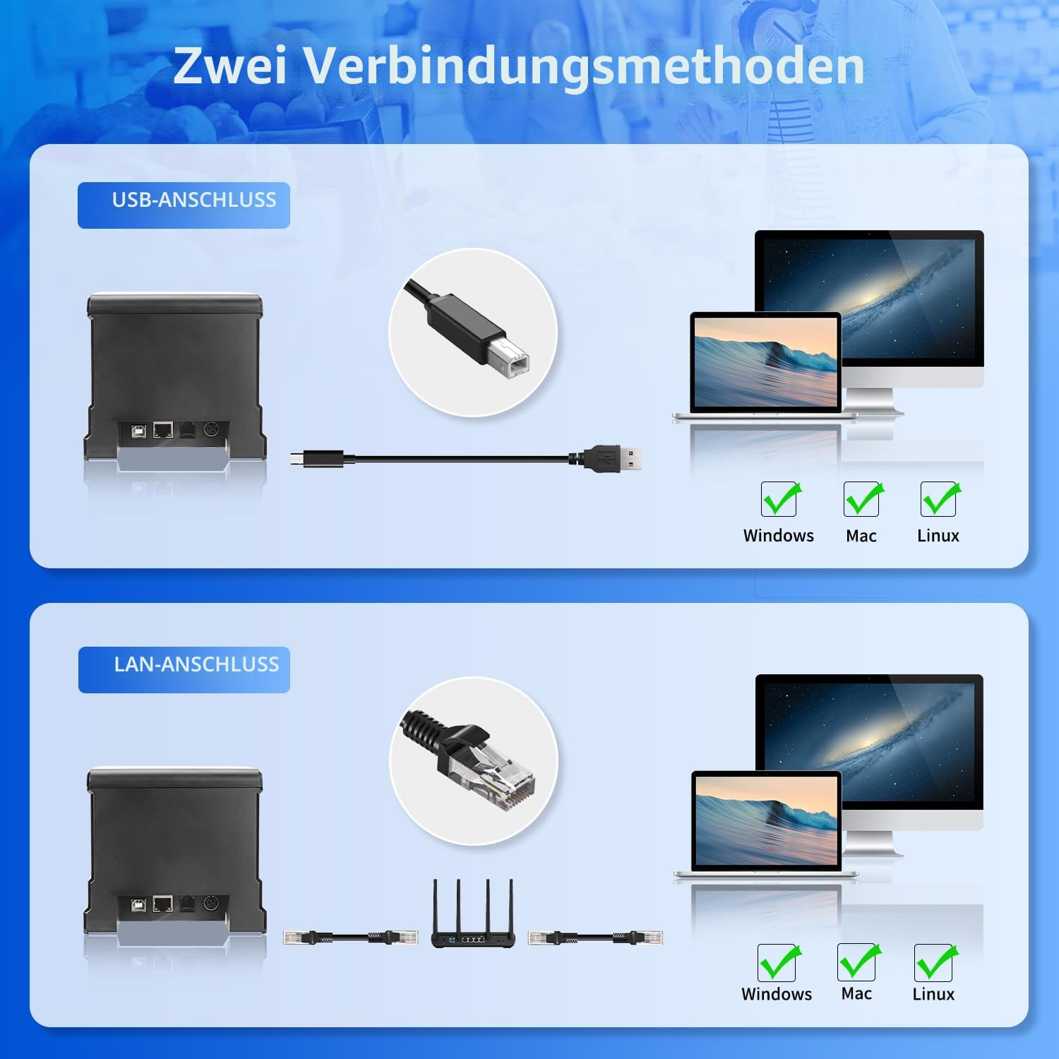 NetumScan 80 mm POS-Quittungsdrucker, 300 mm/s, USB-Thermo-Belegdrucker mit Auto-Cutter-Kassenschublade, USB-Ethernet-Schnittstelle, unterstützt Windows/Mac/Linux, Restaurant-Küchendrucker für ESC/POS