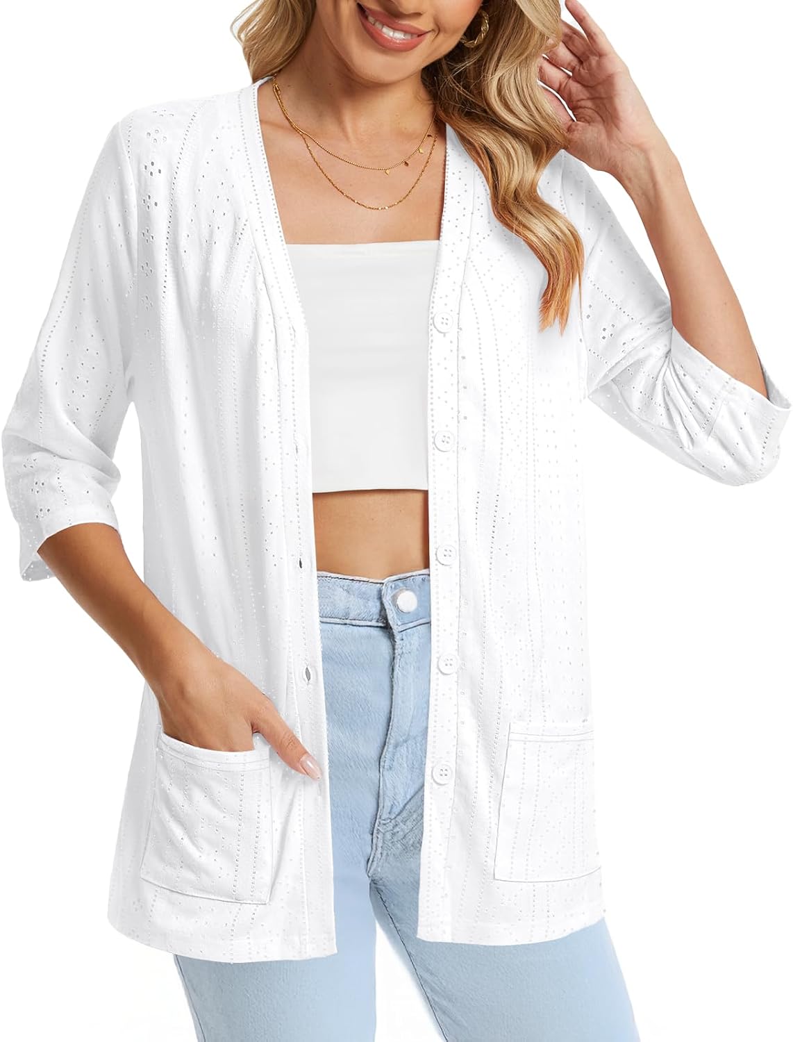DB MOON Womens Summer Lightweight Cardigan 3/4 Sleeve Shrugs Light Weight Spring Open Front Sweaters with Pockets