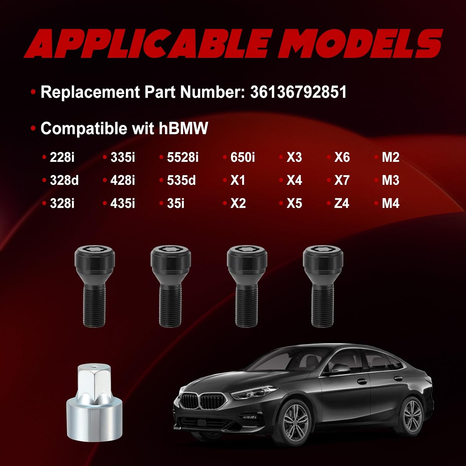 Wheel Stud & Bolt Locks M14*1.25 Anti-Theft Bolts Compatible with BMW 228i 328d 328i 335i 428i 435i 528i 535d 535i 650i X1 X2 X3 X4 X5 X6 X7 Z4 M2 M3 M4,Replace for 36136792851
