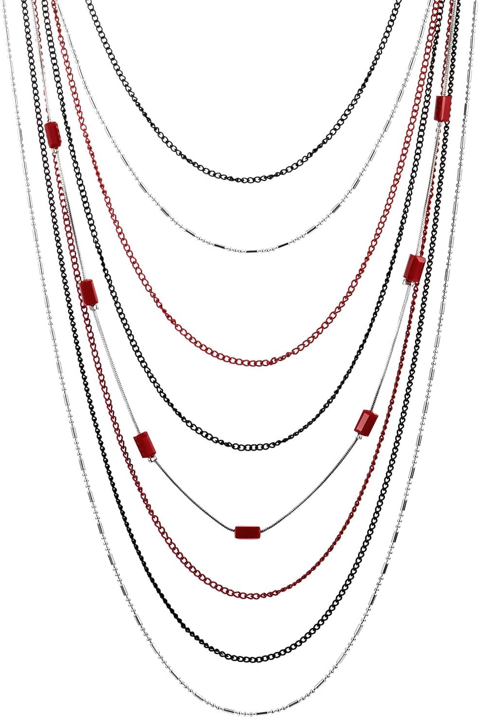 COOLSTEELANDBEYOND Multi-Layer Necklace, Red Black Statement Necklace, Waterfall Long Chain with Red Beads - Image 3