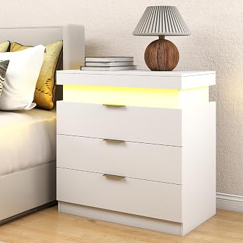 30.5H Tall White Nightstand with Charging Station and LED Light,Large Night Stand with 3 Drawer & Sliding Top,Bedside Table with Storage for Bedroom,Modern End Side Table for Living Room
