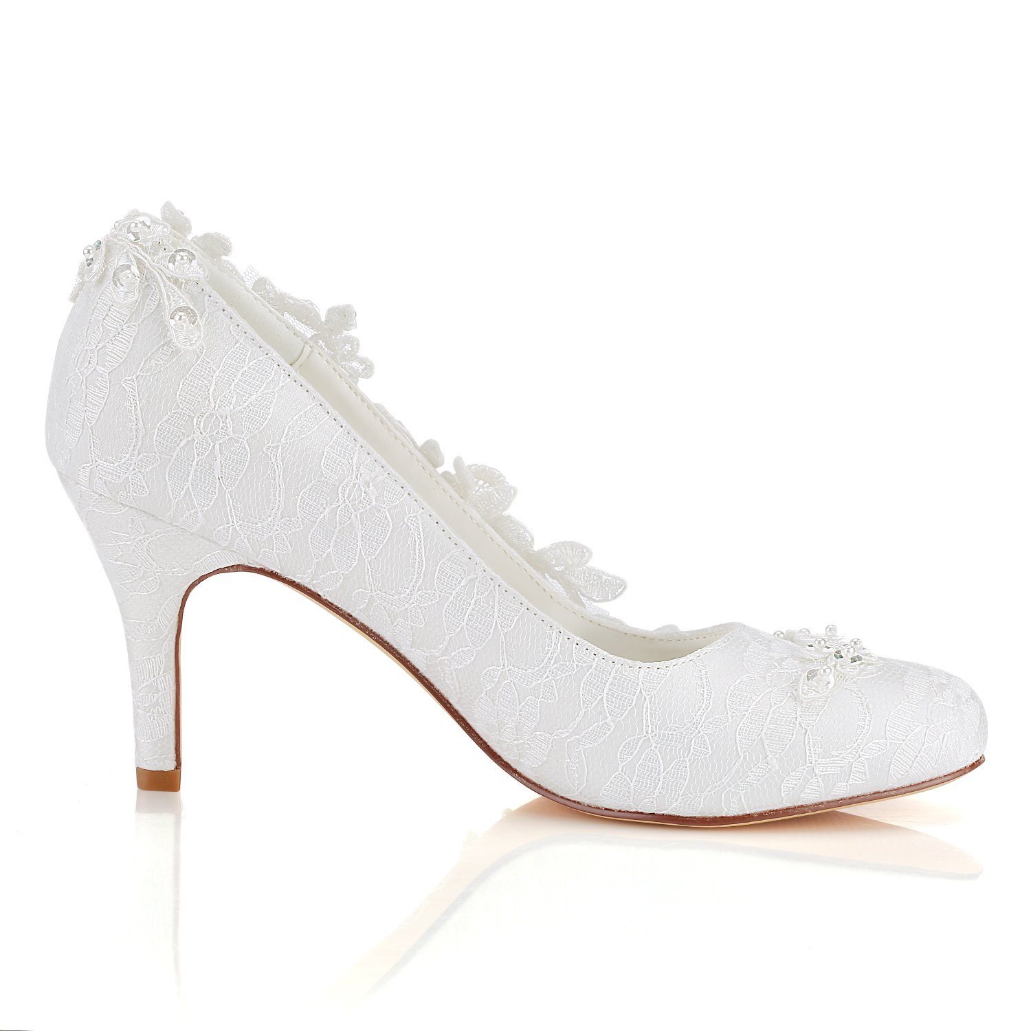 Hochzeitsschuhe Damen Seide wie Satin Stöckel Absatz Pumps mit Stitching Spitze Blume Crystal Pearl,