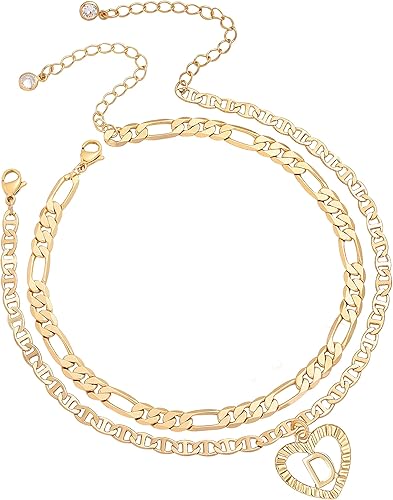 ABDOT Tobilleras con iniciales para mujer, 2 unidades, chapadas en oro de 18 quilates, hechas a mano, delicadas en capas, tobillera con letra