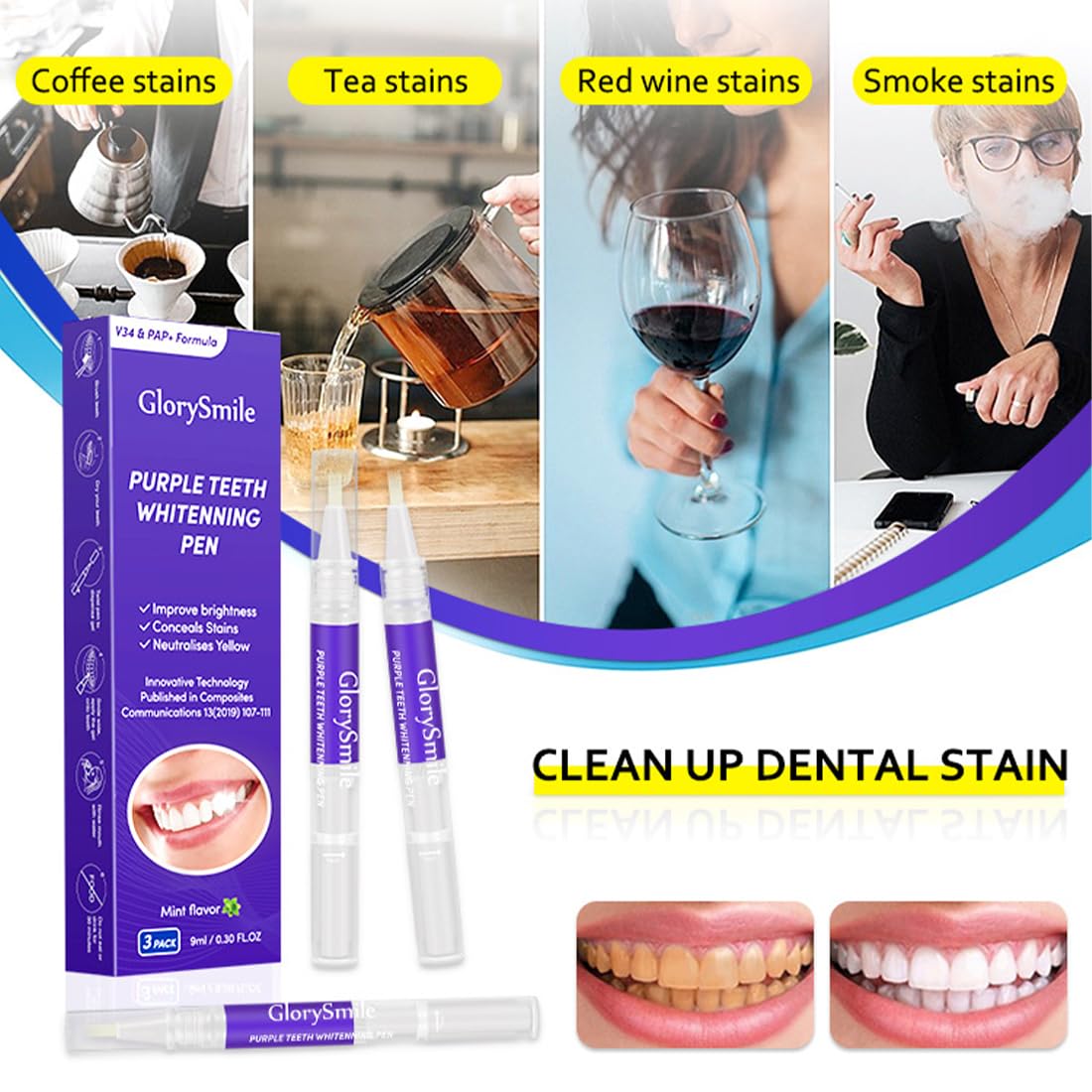 6 Pezzi Penna sbiancante viola, Strisce sbiancanti denti, efficace rimozione delle macchie, rapido sbiancamento dei denti, Penna sbiancante dei denti sicura per tutte le macchie dei denti
