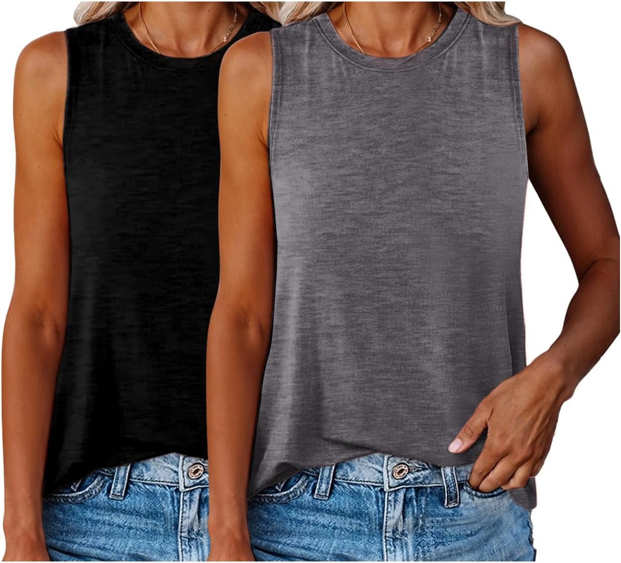 2 Pack Womens Tank Tops Summer Beach Vacation Shirts Sleeveless Basic Crewneck Loose Fit Tunics Casual Outfits