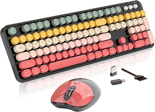 Teclado y mouse inalámbricos, 104 teclas redondas MOFII máquina de escribir retro con OTG y cepillo, ergonómico de tamaño completo, ideal para PC