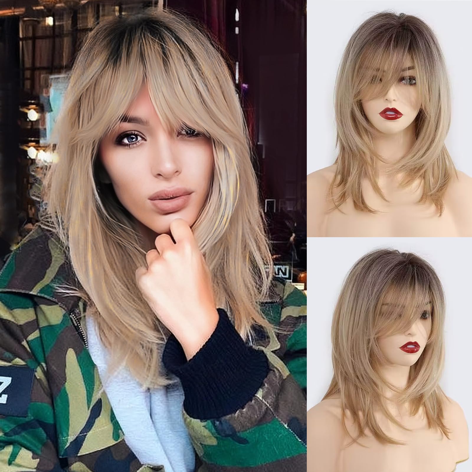Blonde Wigs Shoulder Length Layered Wigs Long Curly Wigs for Women 18 Inch Wigs with Bangs