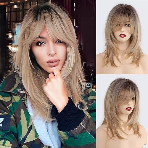 HAIRCUBE Blonde Wigs Shoulder Length Layered Wigs Long Curly Wigs for Women 18 Inch Wigs with Bangs