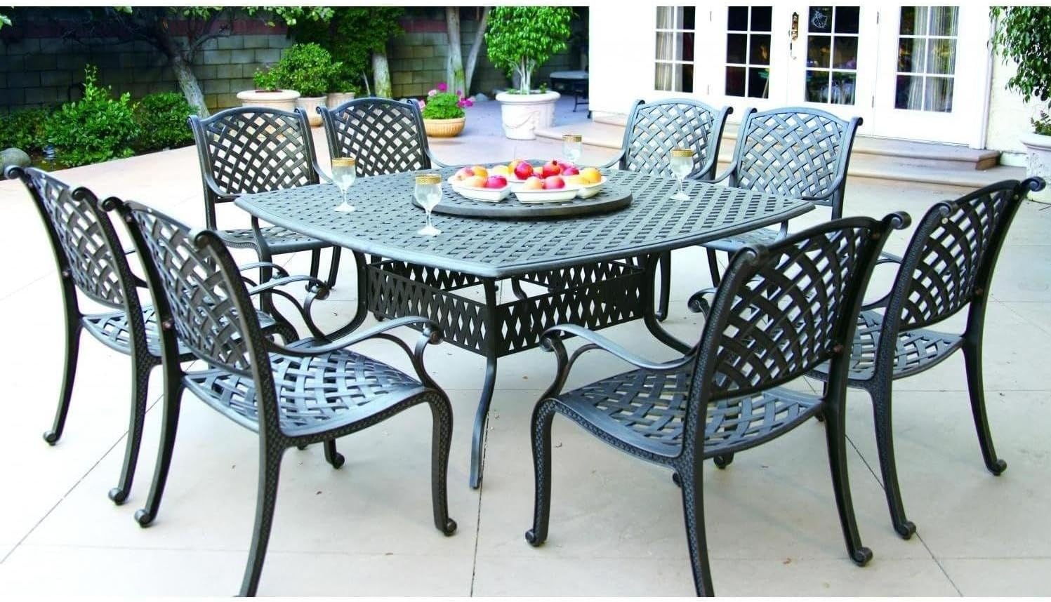 Darlee Nassau 10 Pc Cast Aluminum Dining Set w/ 64 Inch Square Series 30 Table & Lazy Susan in Antique Bronze/Sesame