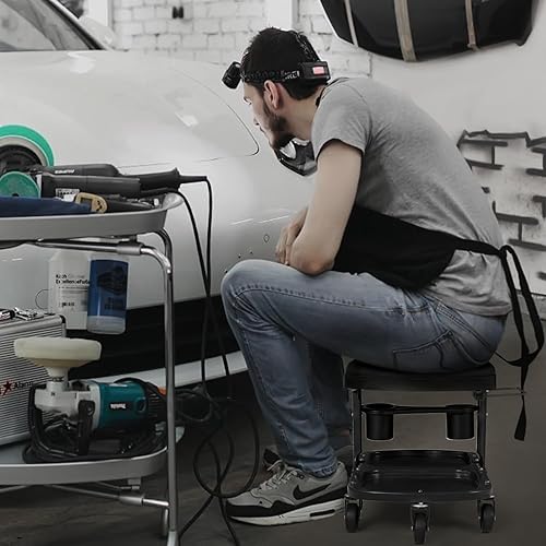 Miniatura 9 de M-AUTO Asiento de rodillo de garaje resistente para mecánico de tallerestaburete de tienda con bandeja de herramientas y estante para equipos,