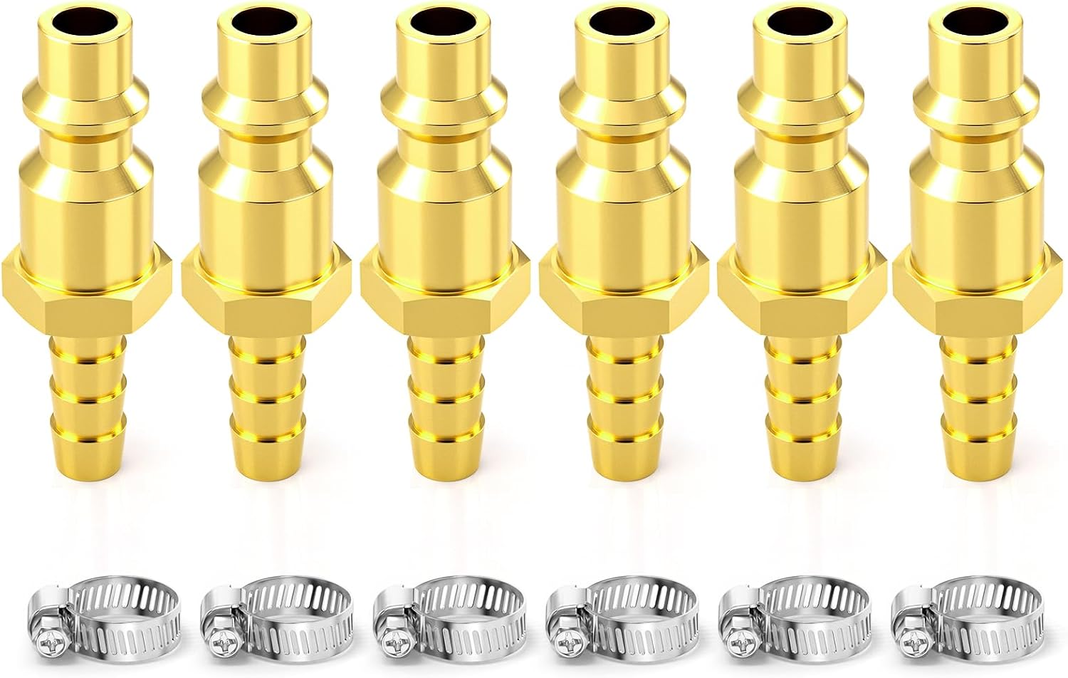 6PCS Brass Quick Connect Air Hose Fittings, 1/4" Barb x 1/4" Flow Air Plug, M/D, with Hose Clamp