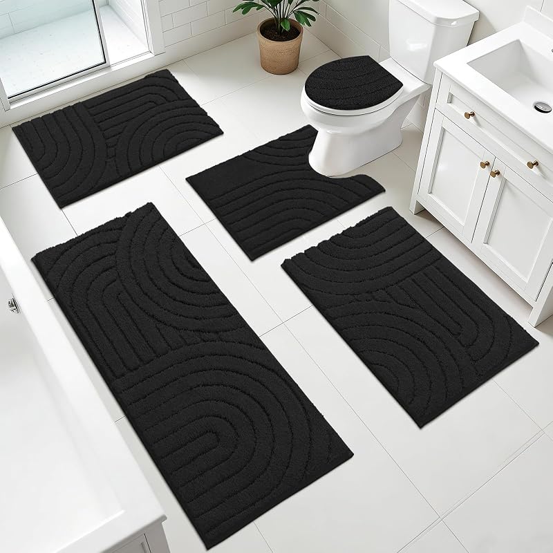 Pauwer Bathroom Rugs Sets 5 Piece, Absorbent Non Slip Bath Mat Set, Black | Machine Washable, Microfiber Plush, Quick Dry Runner, U Shaped Contour Toilet Rugs, Shower Mats and Toilet Lid Cover