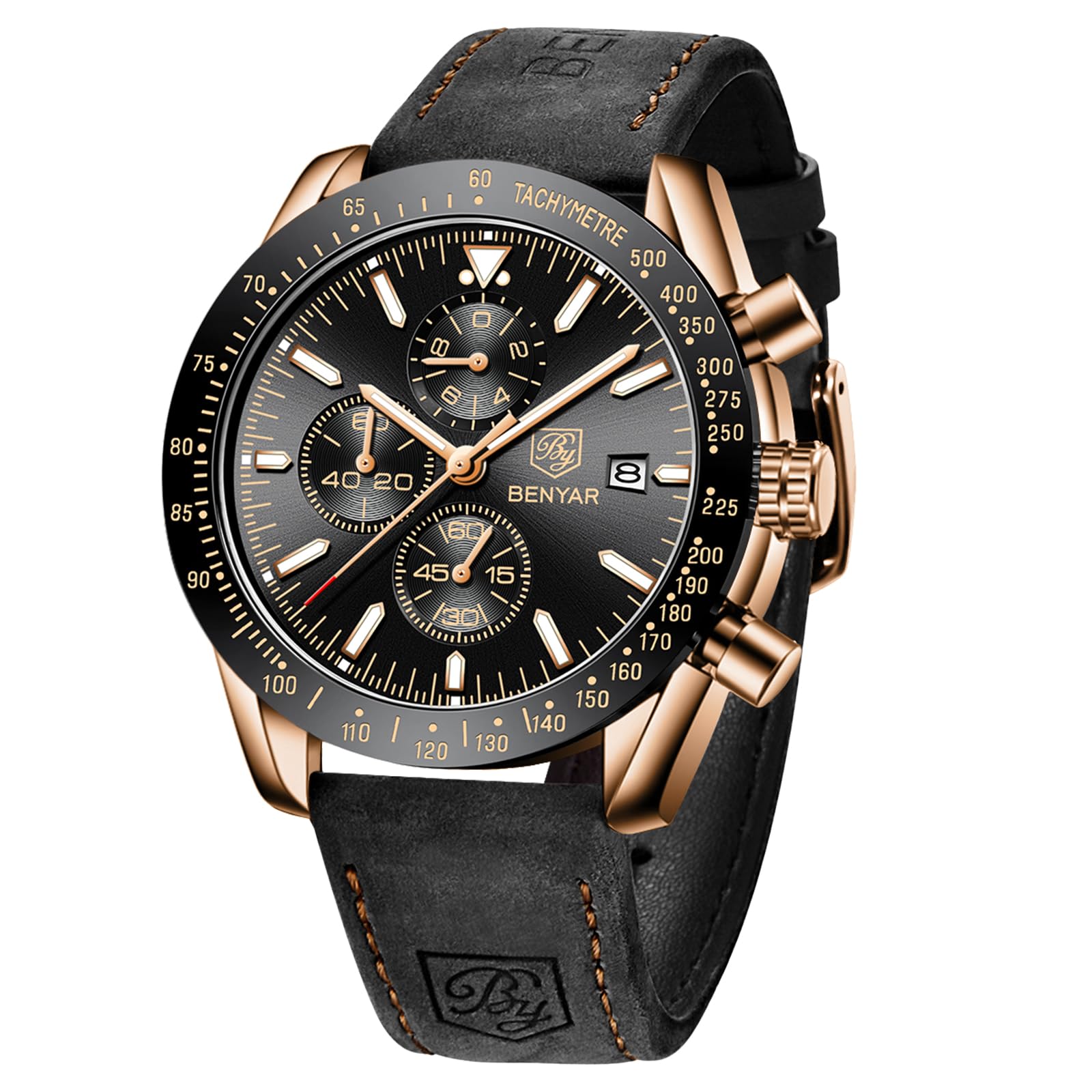 BY BENYARWatches for Men Analog Quartz Chronograph Waterproof Luminous Designer Mens Wrist Watches Business Work Sport Casual Dress Watch with Leather Band Elegant Gifts for Men