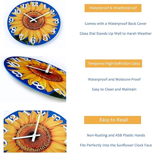 Miniatura 3 de Reloj de pared para exteriores, impermeable, decorativo, con diseño de girasol, para piscina, patio, porche, jardín (12 pulgadas, girasol)