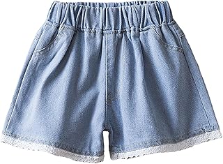 2025 Pantalones cortos de mezclilla para niñas con lazo y decoración floral, cintura elástica, pantalones cortos casuales de verano para niños pequeños vestido de playa