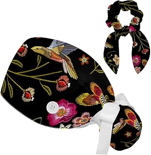 FVQL 2 Pieces Surgical Cap for Long Hair Scrub Cap with Hairband Nurse Cap, Floral Flower and Hummingbird