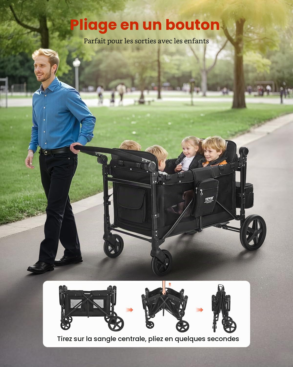 VEVOR Poussette Chariot pour 4 Enfants Pliable à Quatre Roues, Capacité de Charge 150 kg, avec Poignée Réglable, Harnais de Sécurité 5 Points, Auvent Amovible, Poussette 4 Places pour Camping, Noir