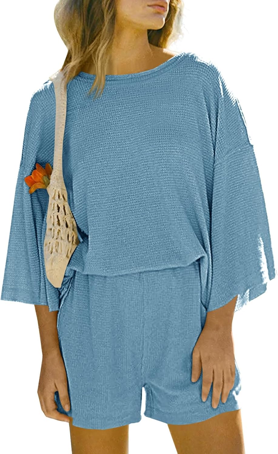 Tankaneo Womens Short Sets 2 Piece Outfits 3/4 Sleeve Tops and Elastic Waist Shorts Lounge Set Casual Loungewear