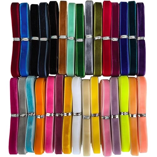 Chenkou Craft 30 Yards 3/8" Velvet Ribbon Total 30 Colors Assorted Lots Bulk (Multicolored, 3/8"(10mm))