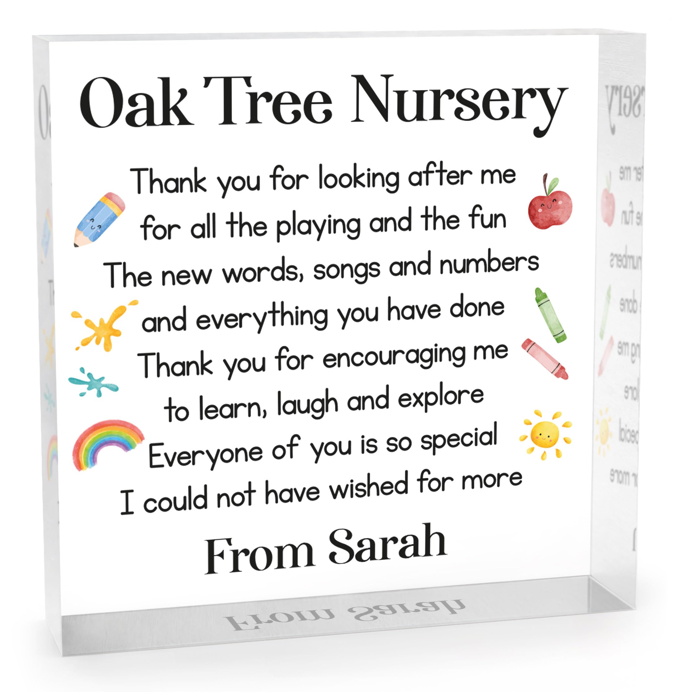 Beecreative Personalised Thank You Gifts For Nursery Staff - Custom Clear Acrylic Square Ornament - End Of Year Gifts For Pre School - With Grey Bag
