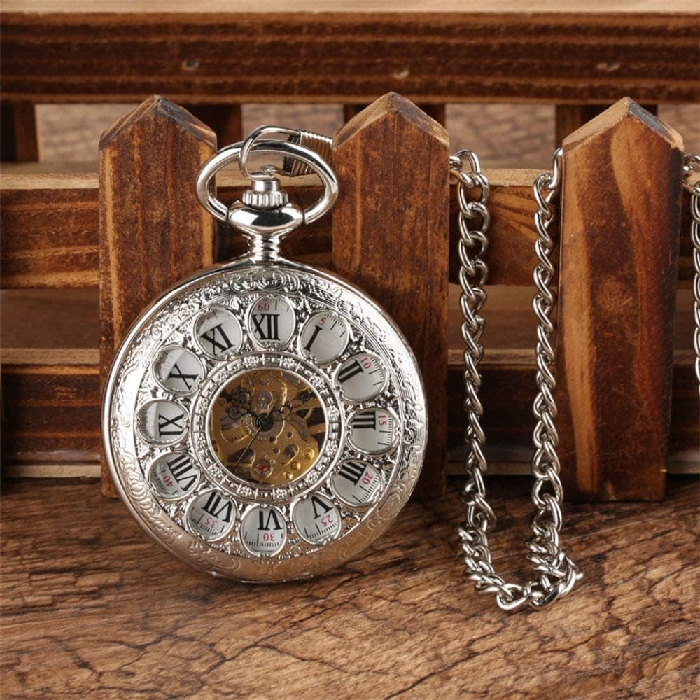 Vintage Pocket Watch for Men,Decorative Pocket Watch,Hollow Flowers MechanicalHand-Wind Retro Exquisite Roman Numerals Fob Pocket Watches with Chain