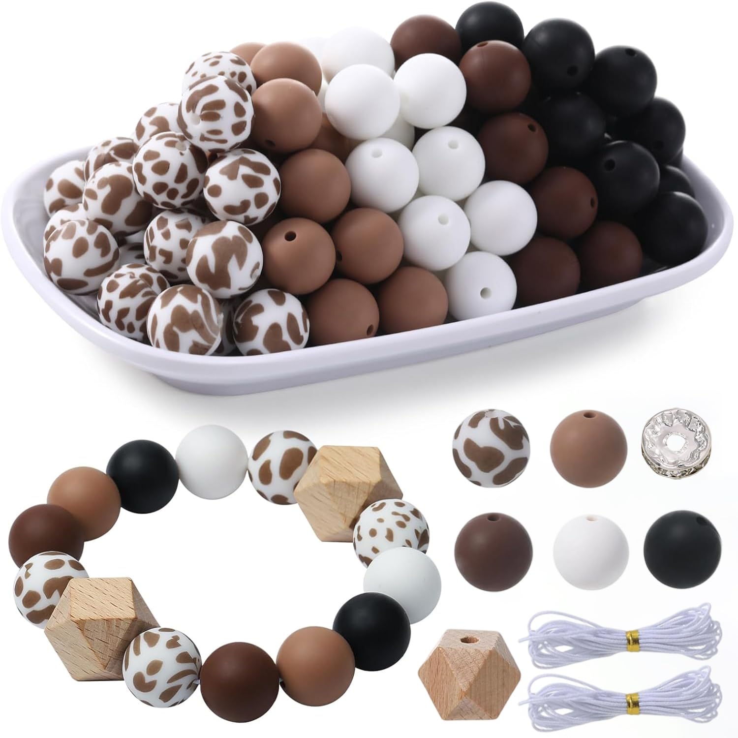 Perles silicone 15mm pour créer des porte-clés incassables motif vache marron