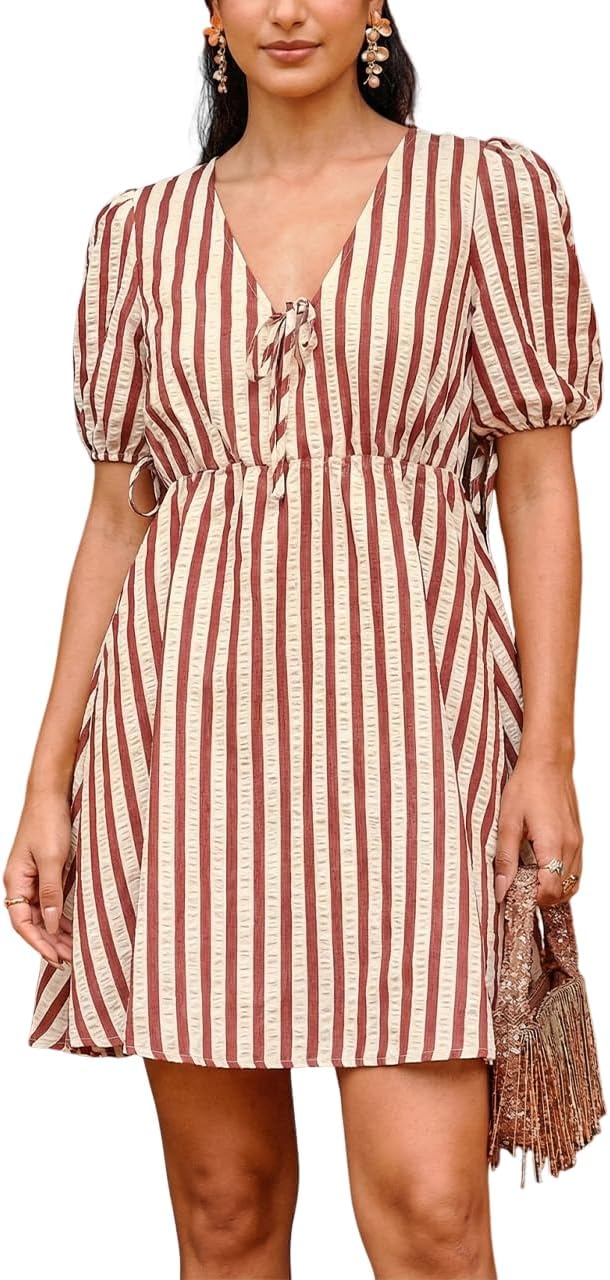 CUPSHE Women Striped Summer Dress V Neck Tie Puff Sleeve High Waist Mini Dress Loose Casual Beach Vacation Sun Dress