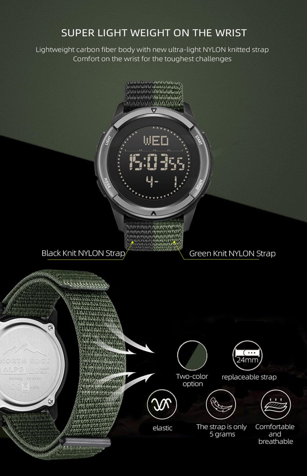 Uomo Sport all'aperto Orologio digitale con cassa in fibra di carbonio retroilluminazione a LED 50M impermeabile orologio tattico Orologi militari Bussola intelligente orologio da polso