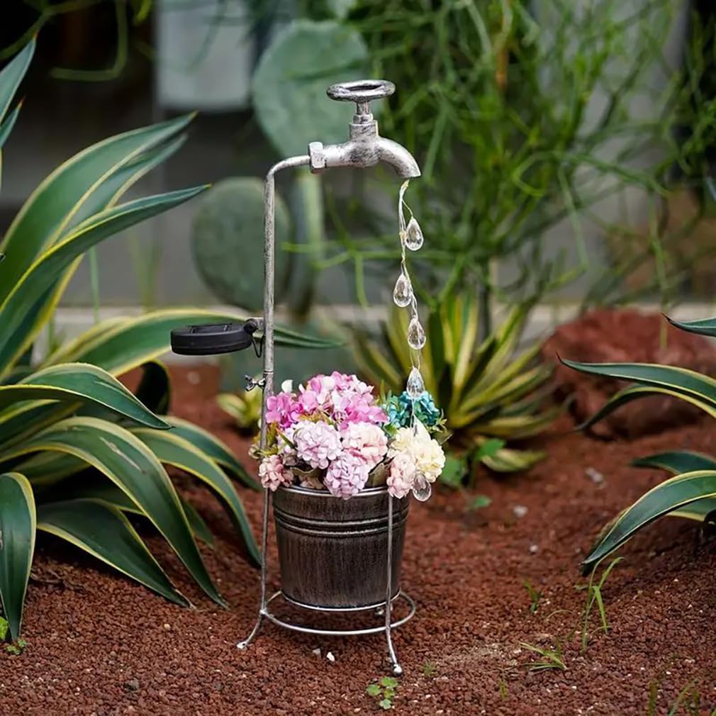 Solar Water Faucet Bucket Lights Outdoor Garden Decor, Waterproof Vintage Decorations with LED Light for Yard Lawn Patio Pathway