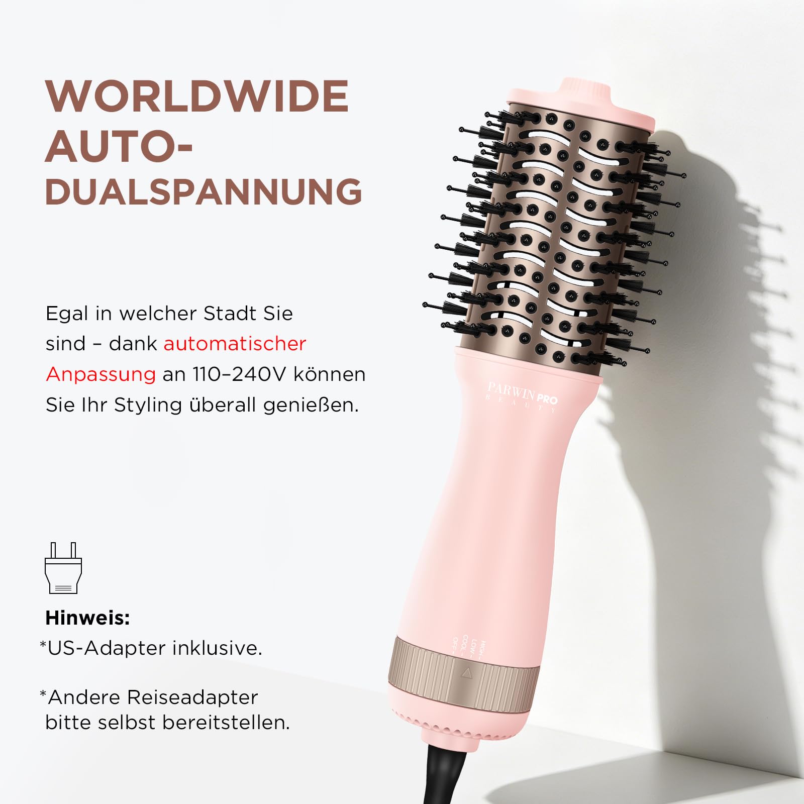 Leichte Reise-Warmluftbürste, PARWIN PRO BEAUTY Dual Voltage Föhnbürste