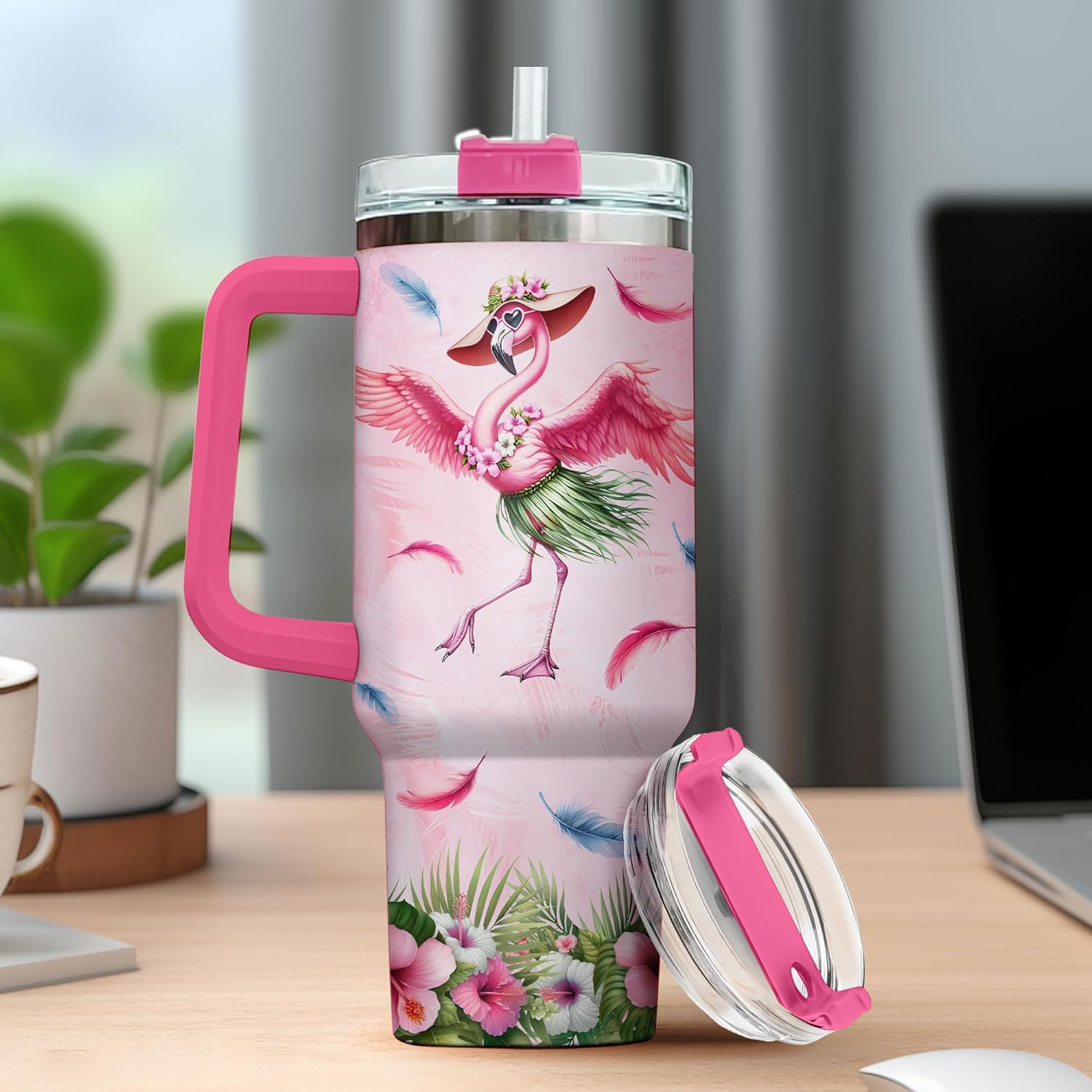 Red Steel Women Adults For Coffee Flower Tumblers Stainless Rose Simple Handle Quartz, Tumbler 40 Oz With Handle Lid And Straw, Funny Flamingo Tropical Floral, Flamingo Gifts - Image 4