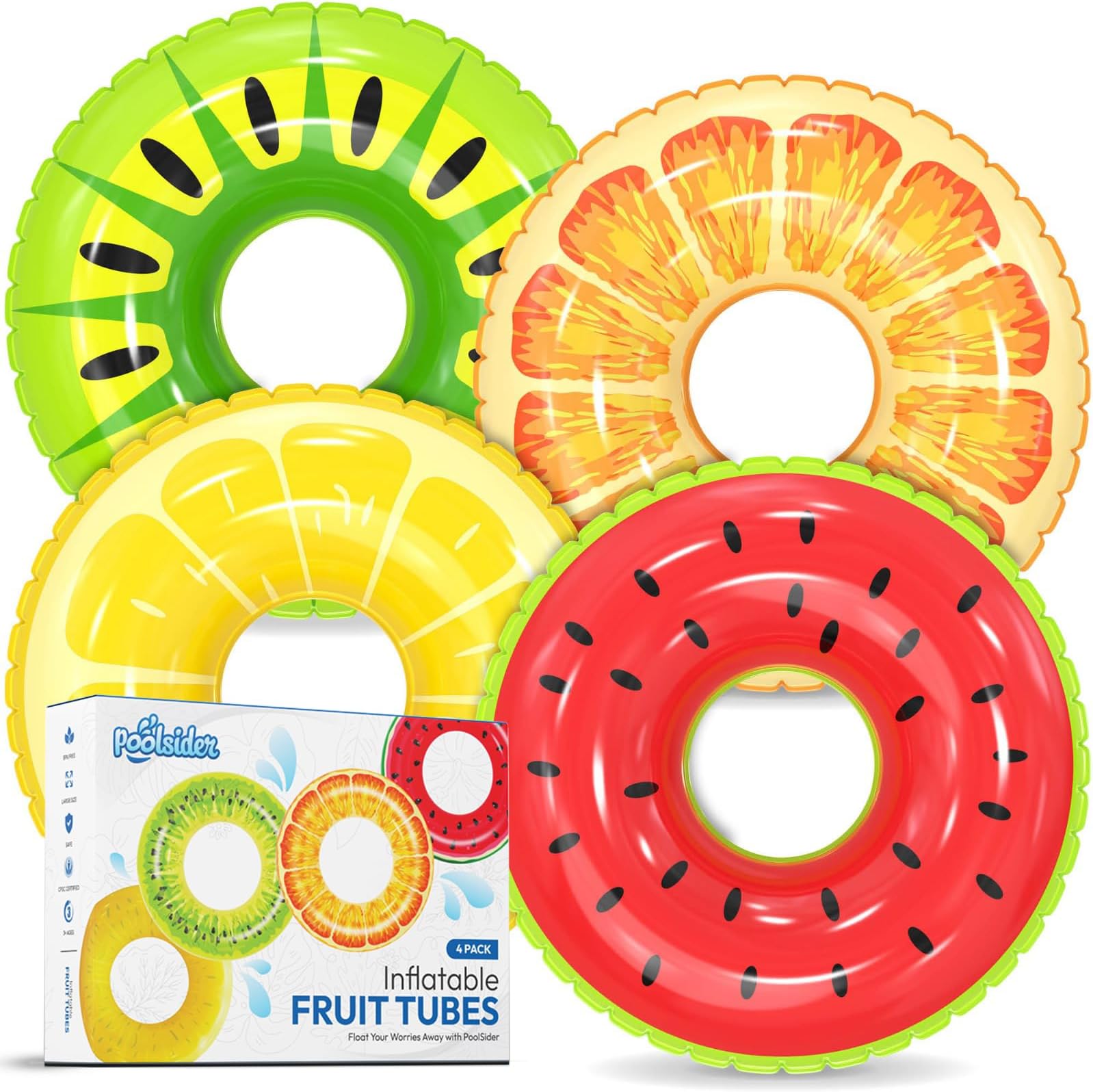 Inflatable Pool Floats (3 Pack) | Large Fruit Pool Floaties (32" Diameter) | 3 Pack Pool Tube Includes Orange, Watermelon & Kiwi - Pool Tubes for Kids | Inflatable Pool Toys by Poolsider
