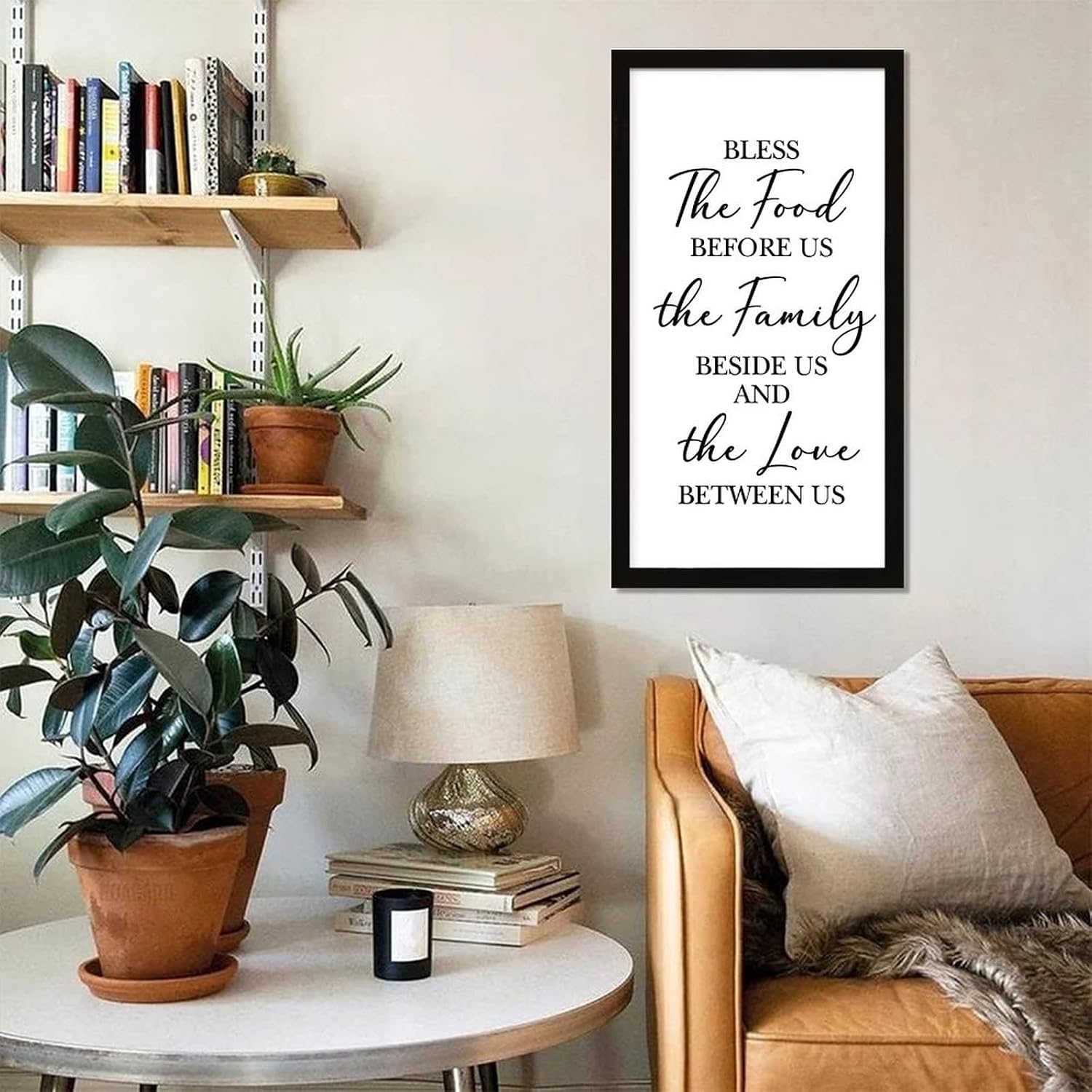 Encouragement Quote Hanging Wall Framed Wood Sign Positive Saying Bible Verse Bless the Food Before Us the Family Black Frame Wooden Plaque for Shelf Cafe Bar Farmhouse Wall Decor 22x12in