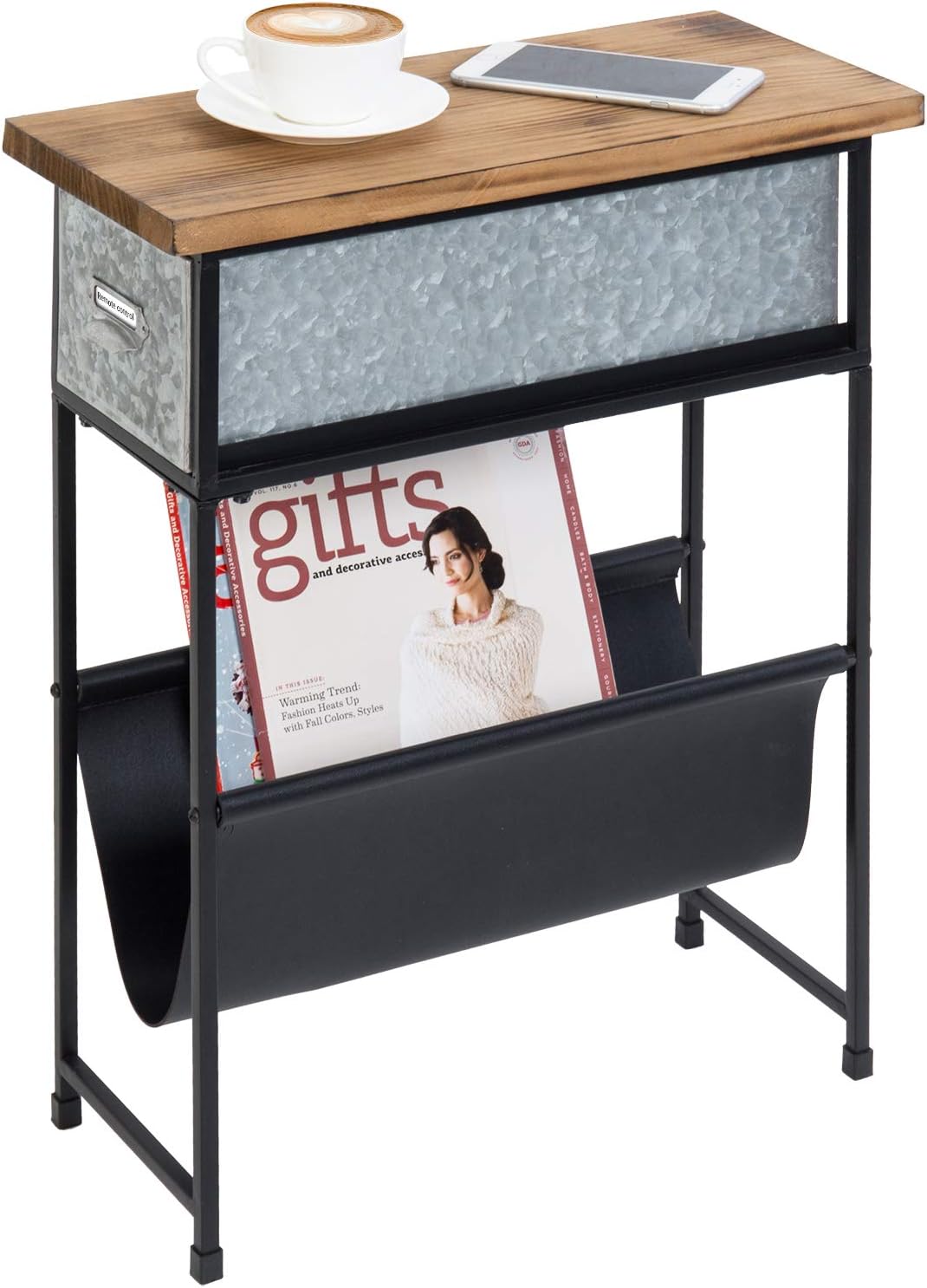 MyGift Rustic Solid Wood and Metal Narrow Small End Table, Side Table, Night Stand, Bedside Table with Silver Galvanized Drawer and Leatherette Sling Magazine Holder