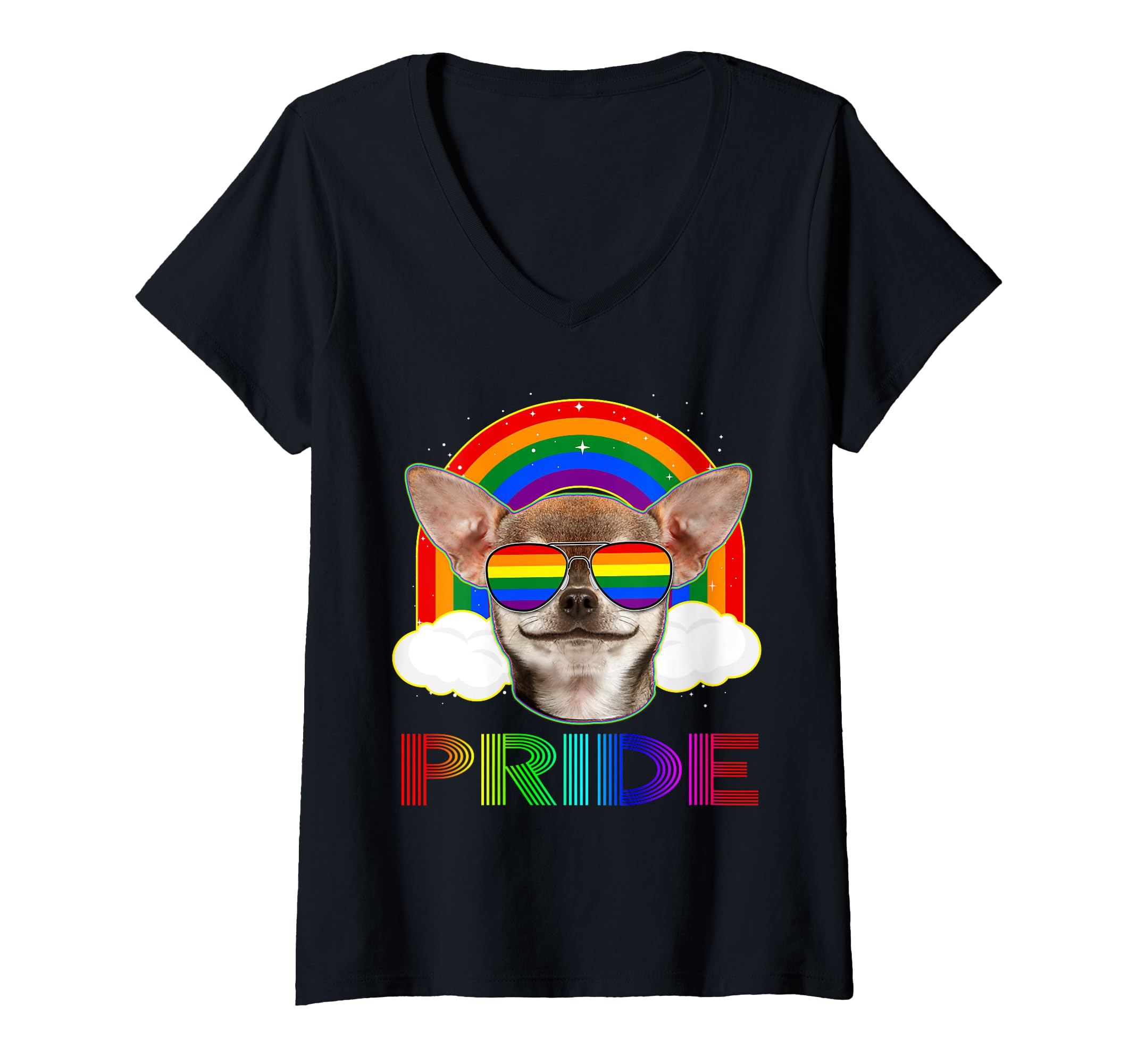 Womens Chihuahua Dog LGBT Rainbow Gay Lesbian Funny LGBTQ Pride V-Neck T-Shirt, Black