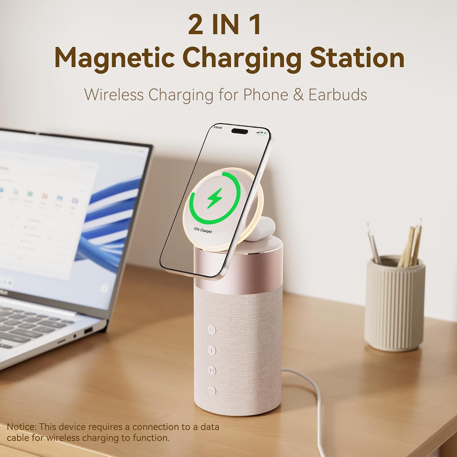 4-in-1 Portable Bluetooth Speaker, 15W Portable Speaker Magnetic Wireless Charger, Dimmable Night Light with Phone Stand, Wireless Charging for 17/16/15/14/13/12 Series AirPods Pro/3/2 Gifts for Women