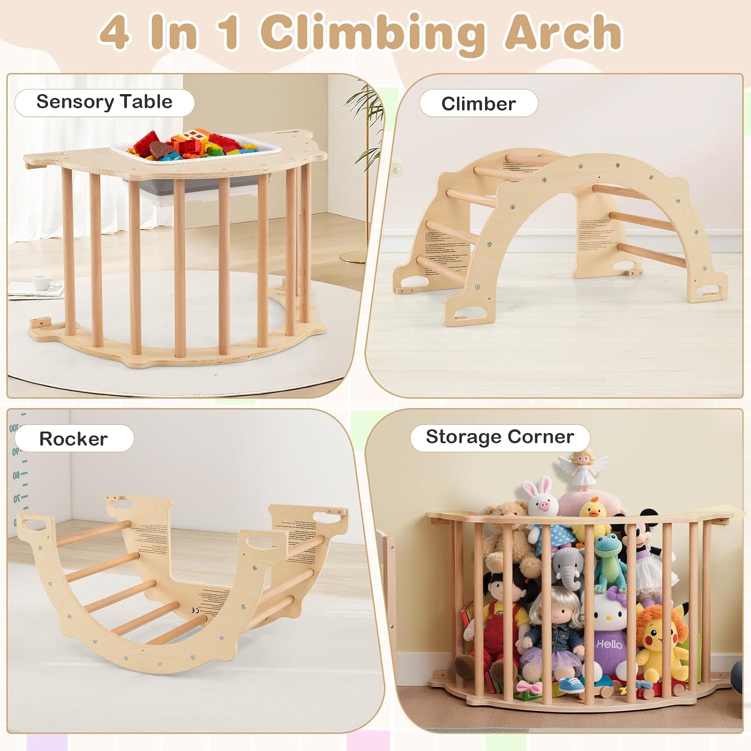 Olakids Climbing Arch for Toddlers, 4 in 1 Wooden Indoor Kids Climber Rocker Montessori Sensory Table with Foldable Storage Bin, Baby Pikler Set Gym Learning Crawling Toy for Children (Wooden)