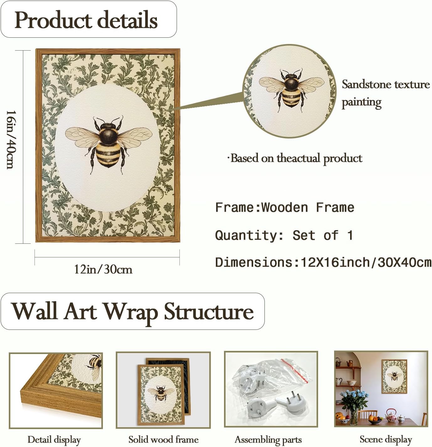 Framed Vintage Bee Wall Art, Rustic Insect Pictures Wall Decor, 3D Textured Sandstone Green Botanical Paintings Prints Cottagecore Home Decor for Living Room Bedroom Office 12x16 inch