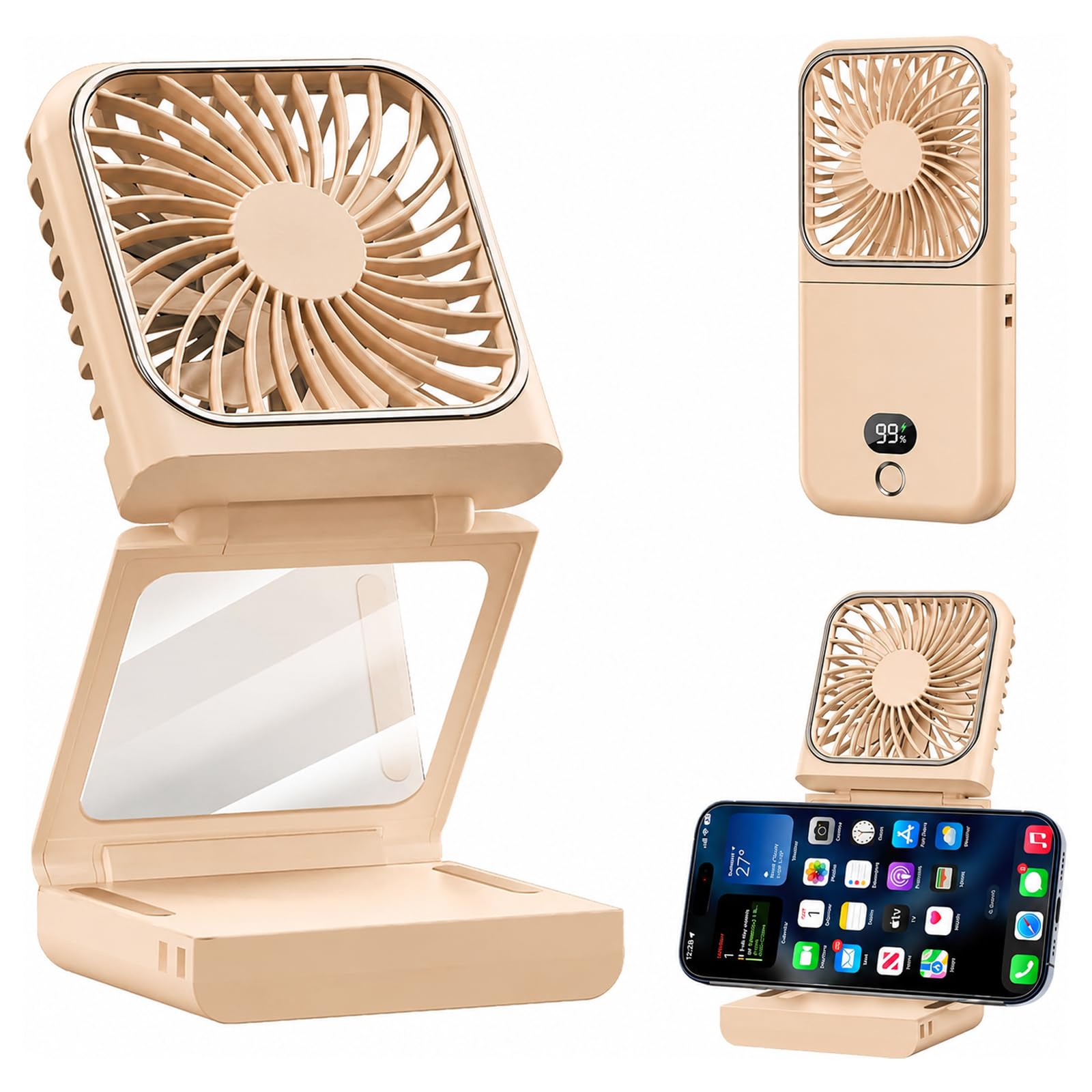 Portable Foldable Handheld Fan with 2500mAh Power Bank, Mirror, Digital Display 5-Speed Mini Personal Fan USB Rechargeable Pocket Fan for Travel, Office, Makeup, Home & Outdoor Use-image-32