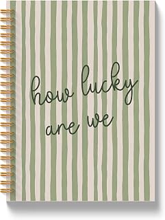 How Lucky Are We Motivational Spiral Notebook, Inspirational Journal for Women, Preppy Sage Green Striped Notebooks for Note Taking, Hardcover Notebook Journal, 5.5x8.3 Inch