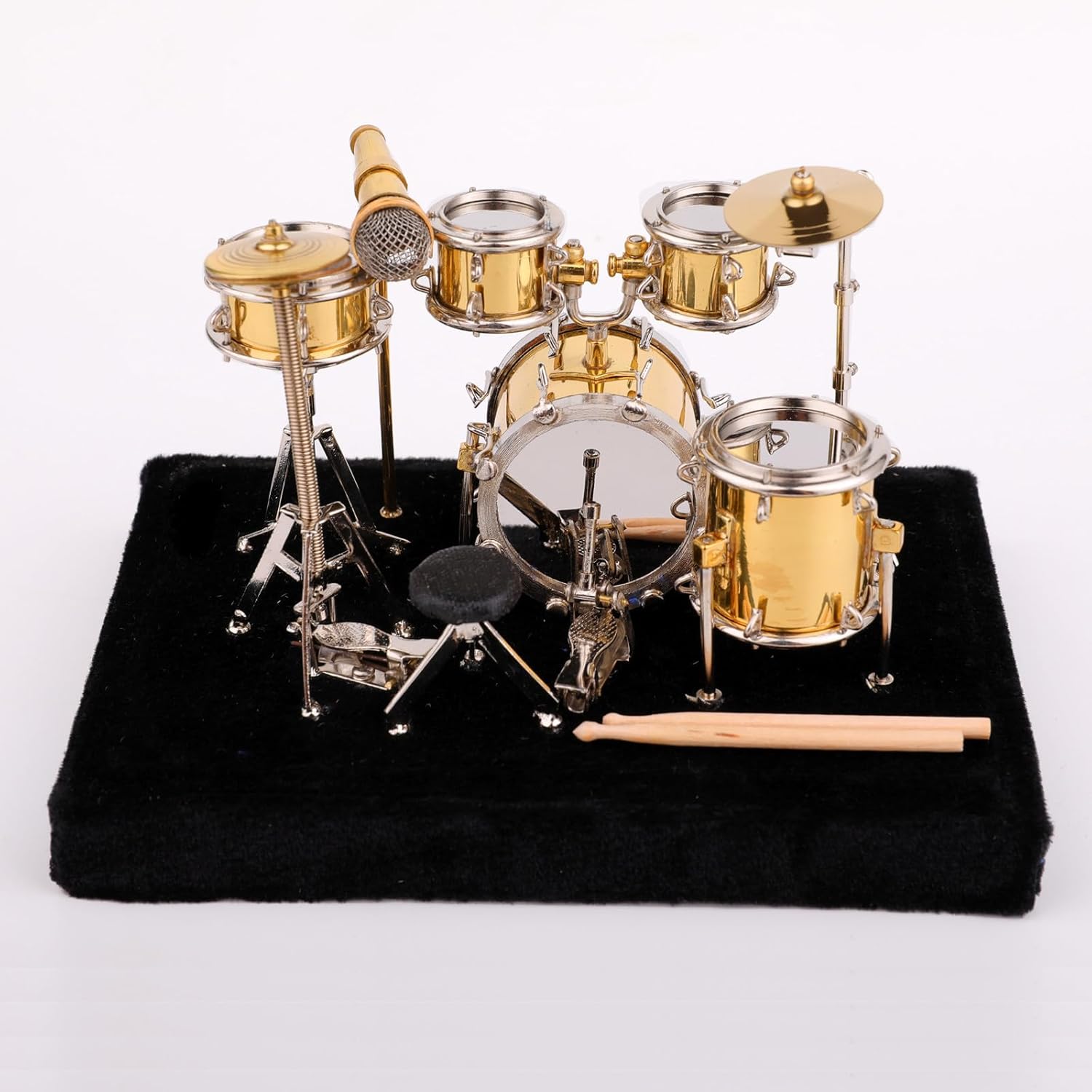 Miniature Drum Set Brass Mini Musical Instrument Drum Set Replica on Stand with Display Cover Collectible Figurines Birthday Gifts Home Decorations Display Ornament Model (5.51″x3.94″x4.33″)