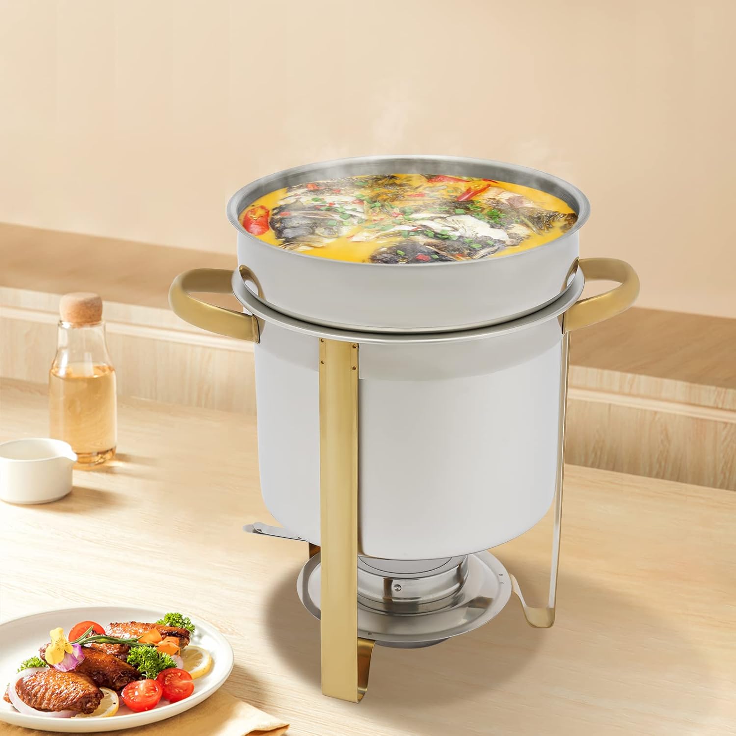 Soup Chafer 7.4QT Gold Stainless Steel Round Soup Warmer w/Pot,Cover & Fuel Holder, Perfect for Buffets, Catering, and Events
