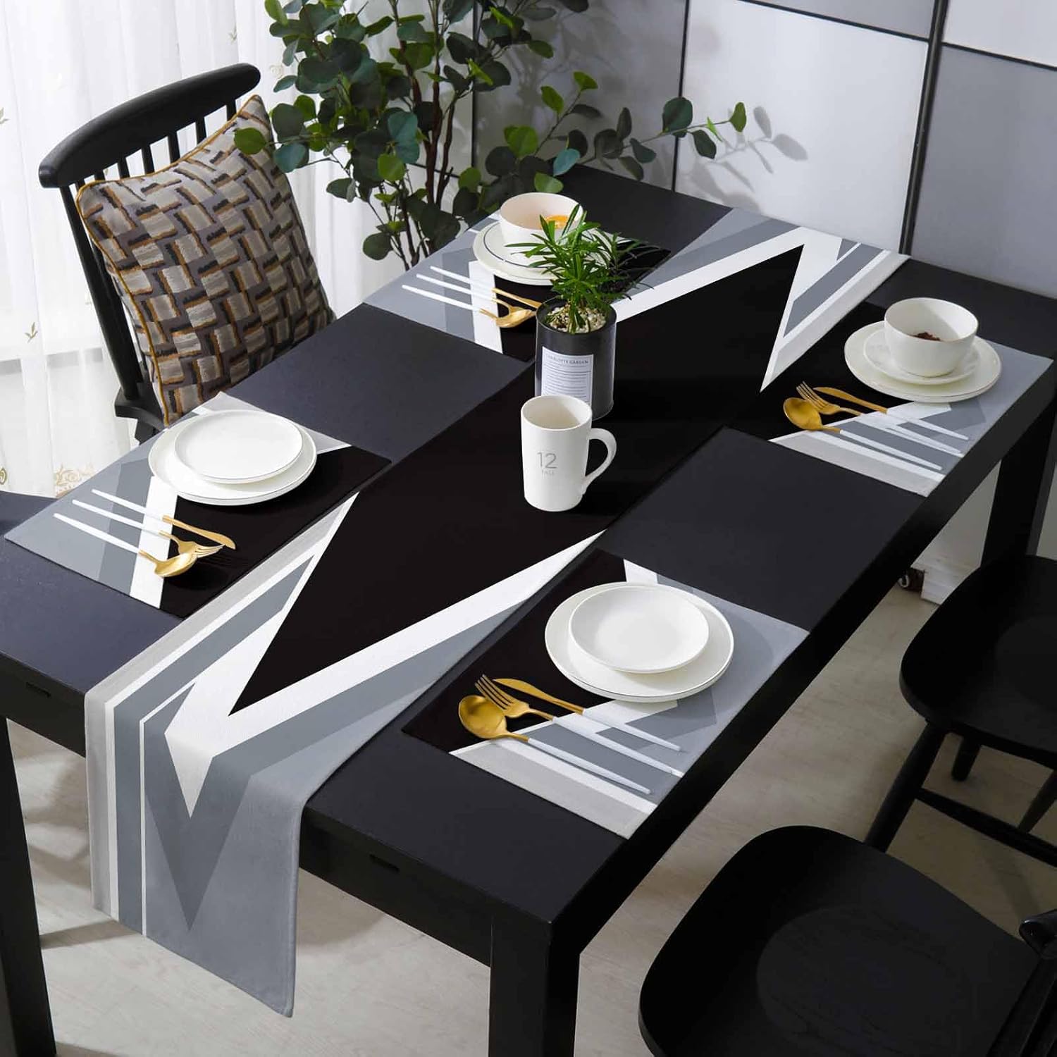 Geometric Stripes Table Runner and Placemats Set of 4 Grey Black Abstract Lines Cotton Linen Dining Table Runner 72 Inch and Washable Table Mats 4 Pcs Kits for Home Kitchen Decor