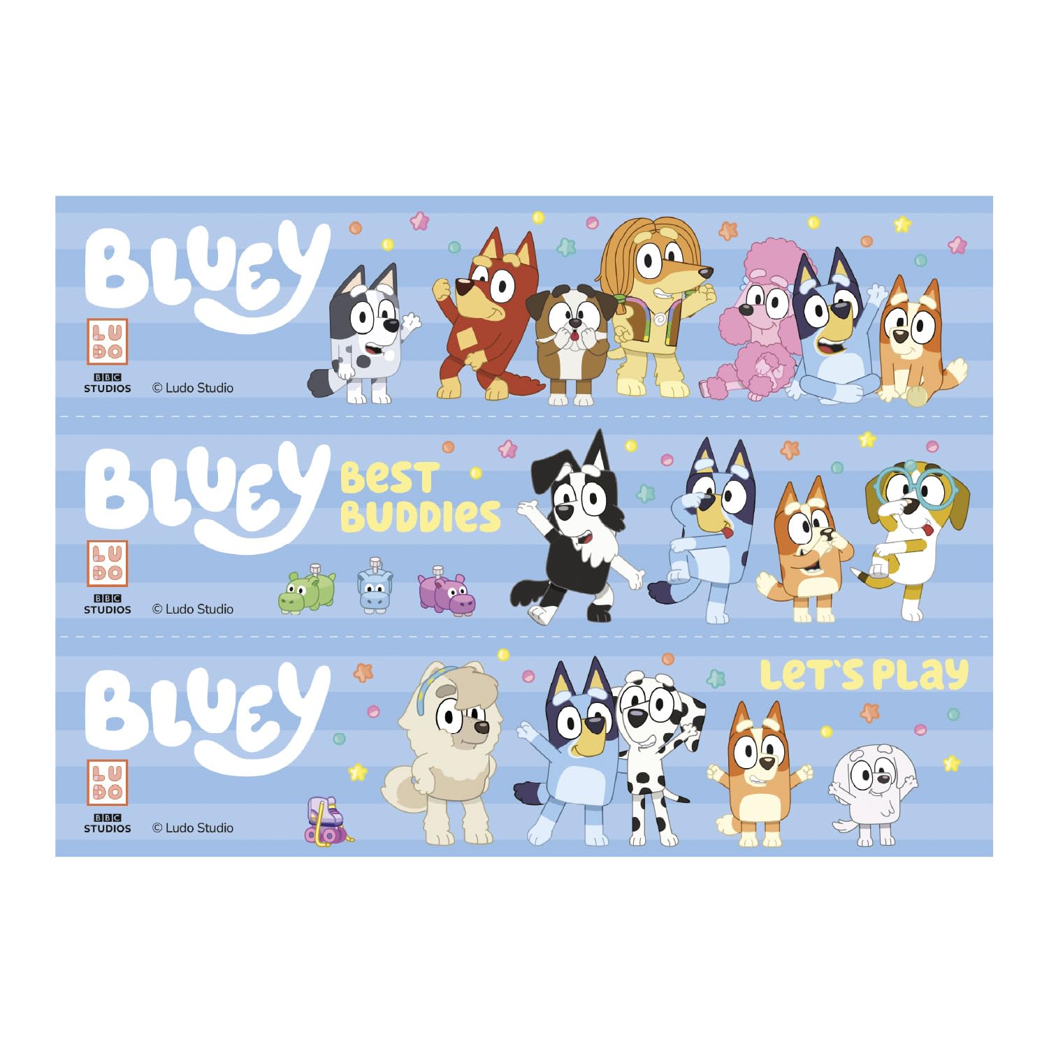 dekora – Bluey Edible Cake Decorations, 3 Edible Paper Strips 21 x 14.8 cm, Bluey Birthday Decorations with Bingo for Cake Sides and Edges, Gluten Free, Lactose Free, Suitable for Vegetarians