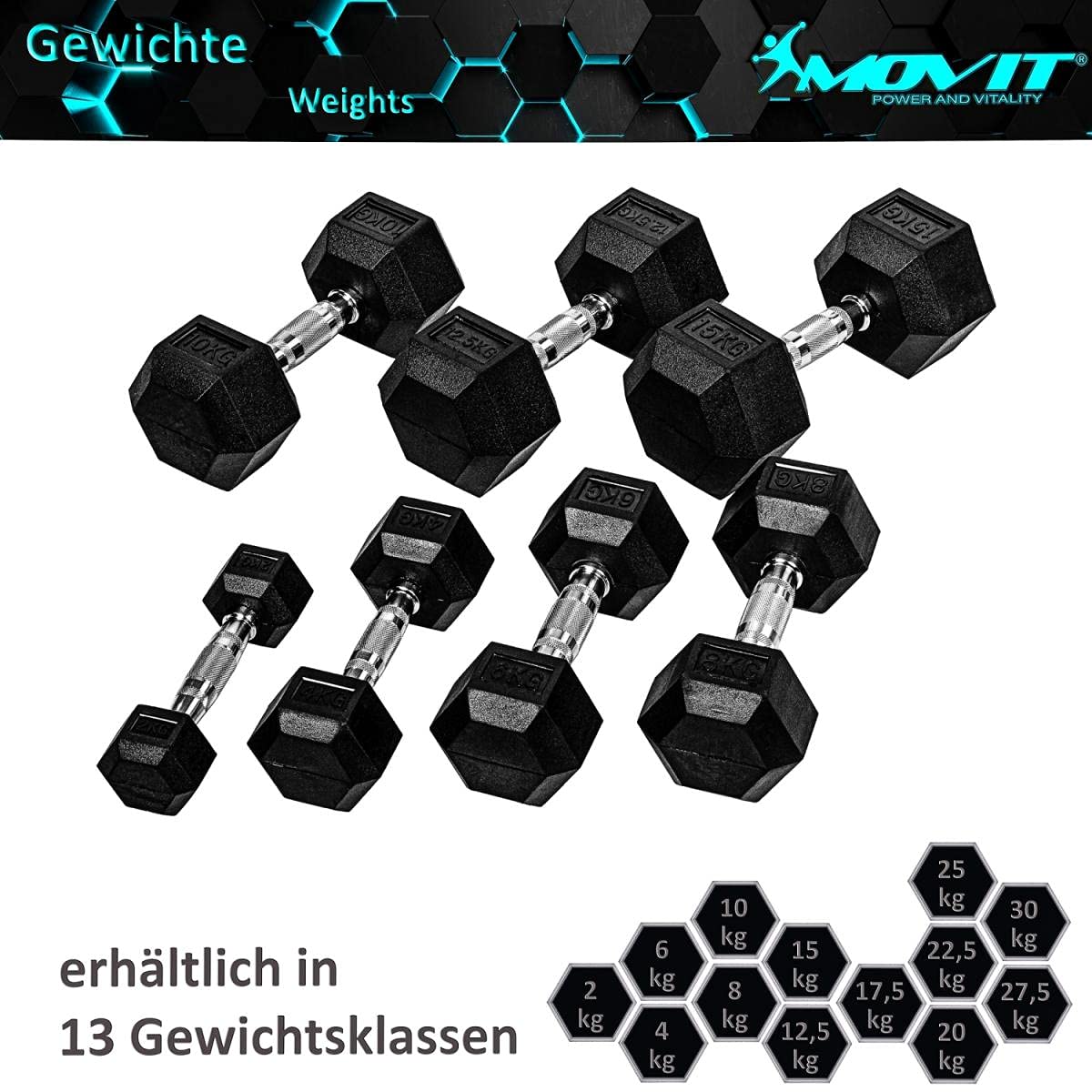 MOVIT Set di 2 Manubri esagonali, 4 – 60 kg