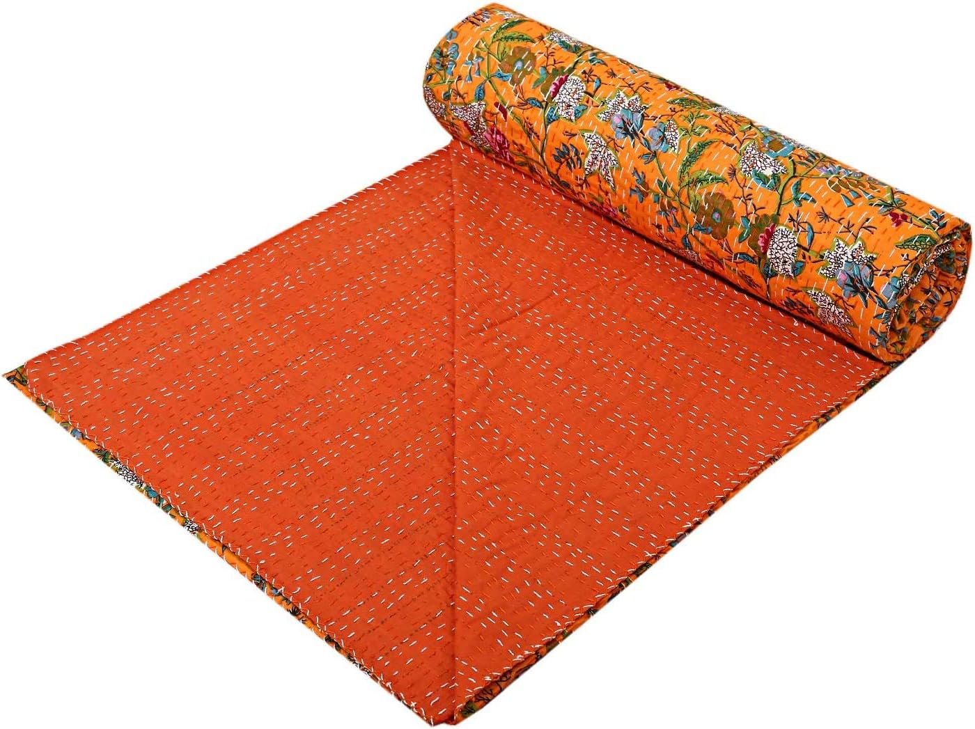Indian Handmade Orange Paradise Floral Print Kantha Quilt Queen Tribal Bed Cover Reversible Bedspread Blanket Coverlet 108x90 Inches