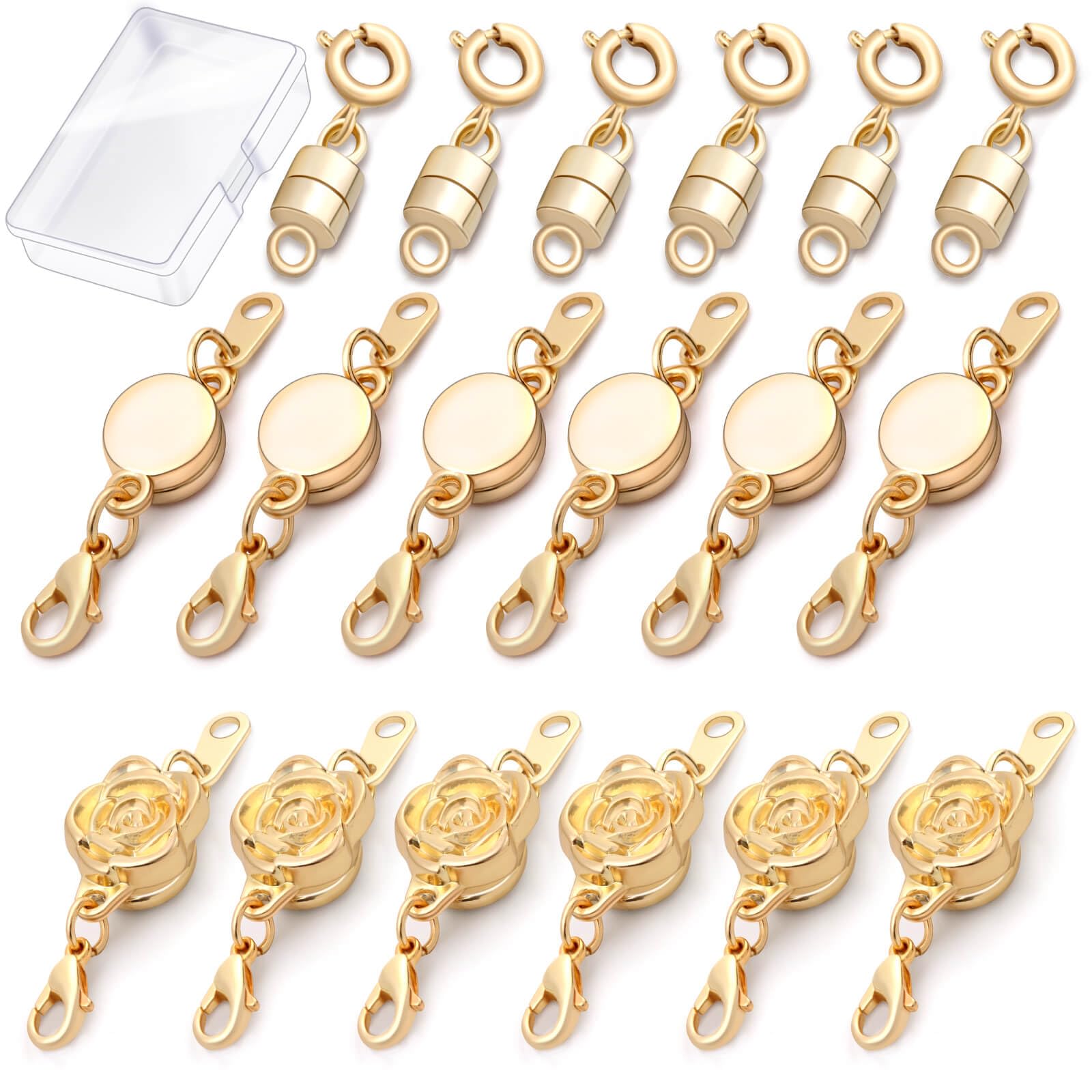 ROADPLUM 18 Pcs 3 Styles Magnetic Necklace Clasps and Closures, Rose Round Cylindrical Jewelry Magnetic Clasp Connector Locking Magnetic Clasp