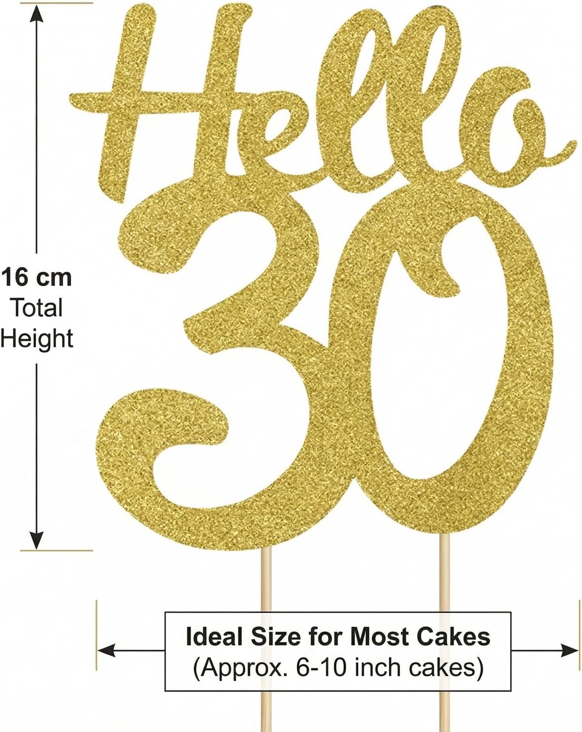 30th Birthday Cake Topper - Gold Hello 30 Cake Decoration for Women & Men - Food Grade Cardboard Non-Edible Cake Decor for Birthday Party Supplies