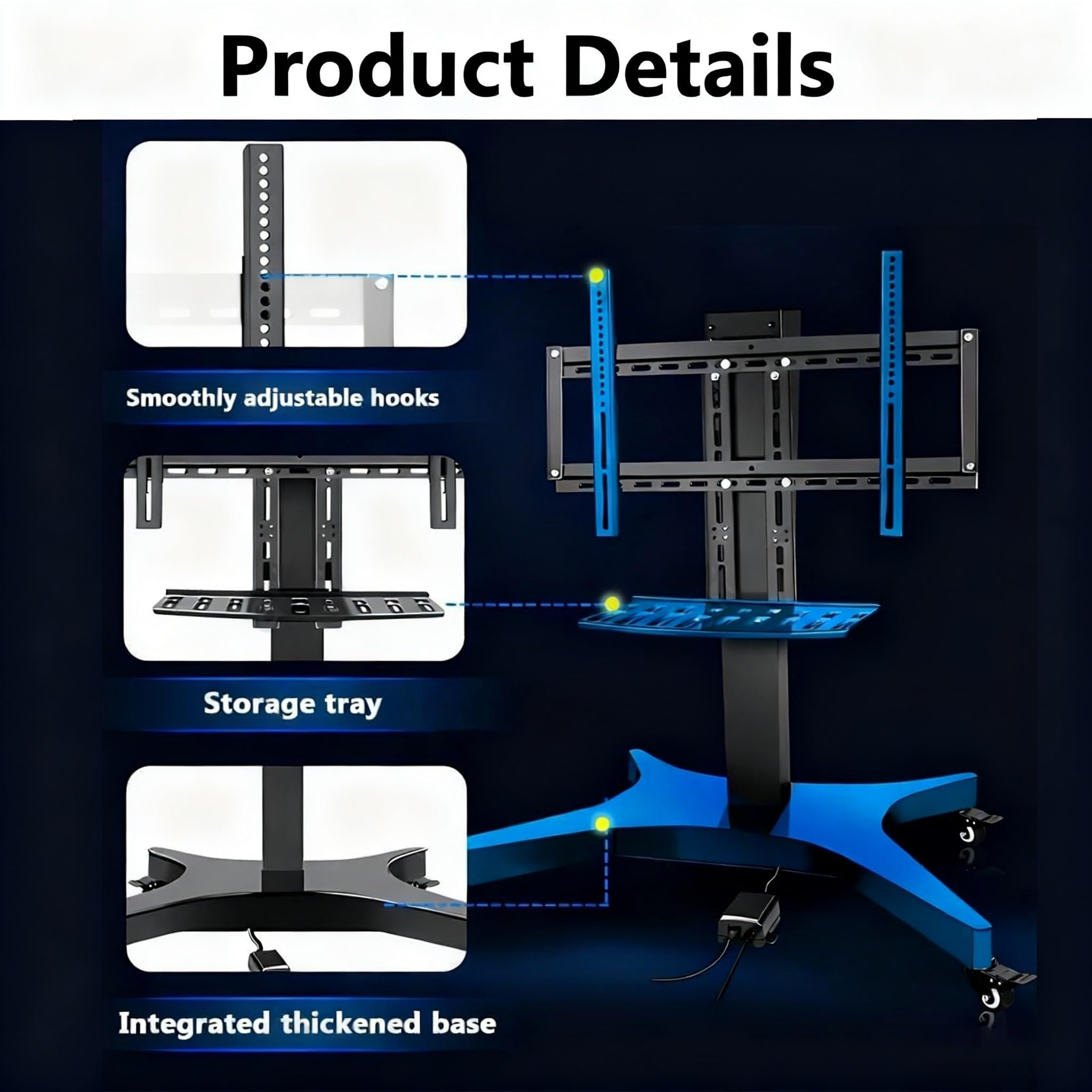 Soporte eléctrico para TV móvil de Altura Ajustable con Ruedas, Soporte de Suelo para TV LCD, Elevador telescópico con elevación automática, función de Memoria de Altura de 3 Niveles, Soporte rodante