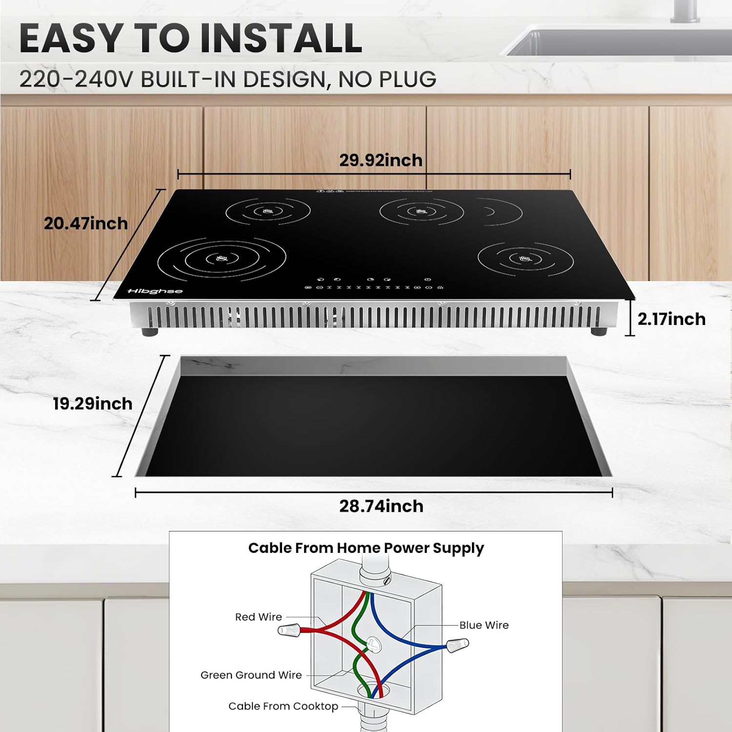 30 Inch Electric Cooktop, Built-in Ceramic Cooktop 4 Burner Stove Top, Radiant Cooktops with Glass Protection Metal Frame, Timer & Safety Lock, 220-240V, Hard Wire (No Plug)